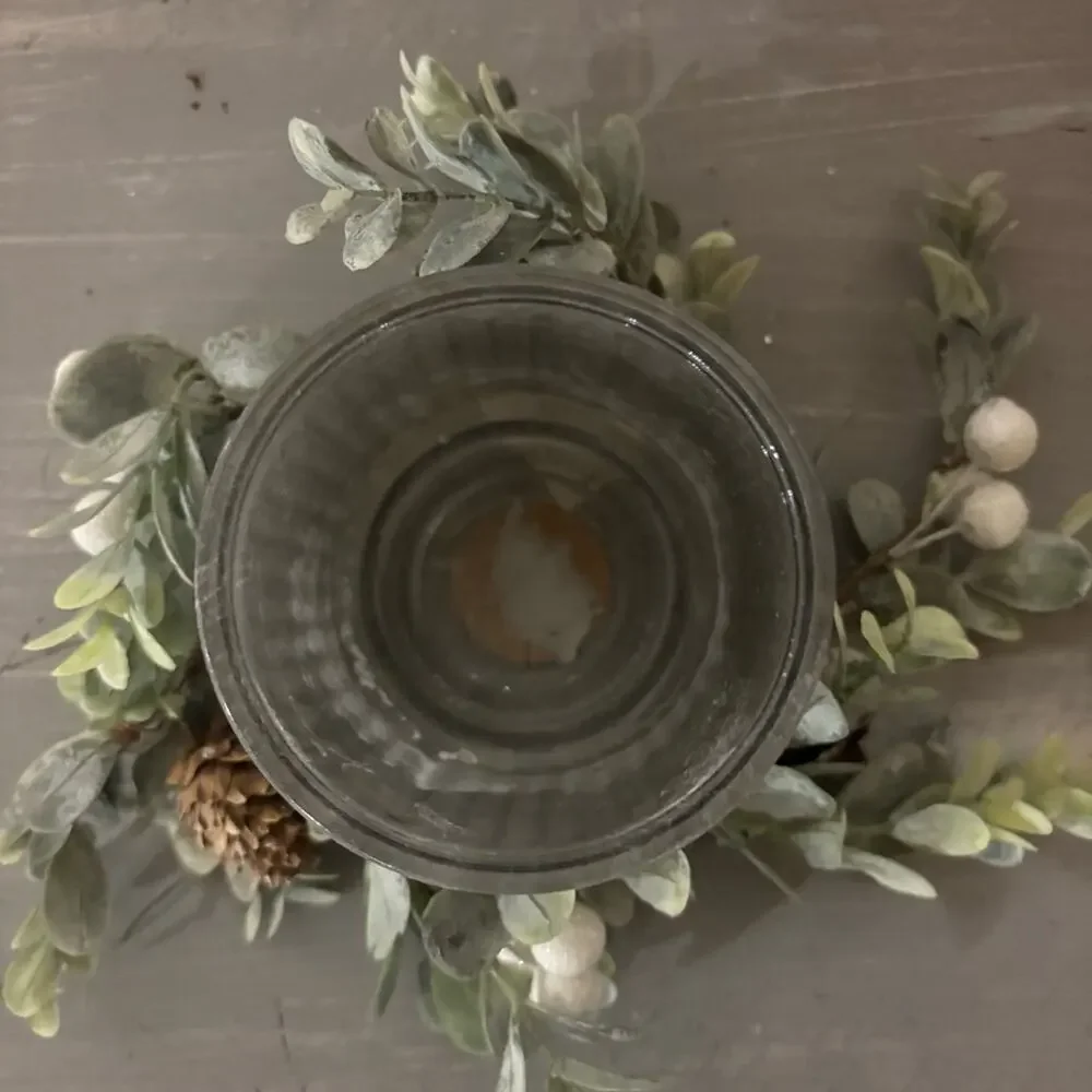Rustic Gray Glass Candle Holder w/ 4” Candle Ring Holiday Greens & Pinecones
